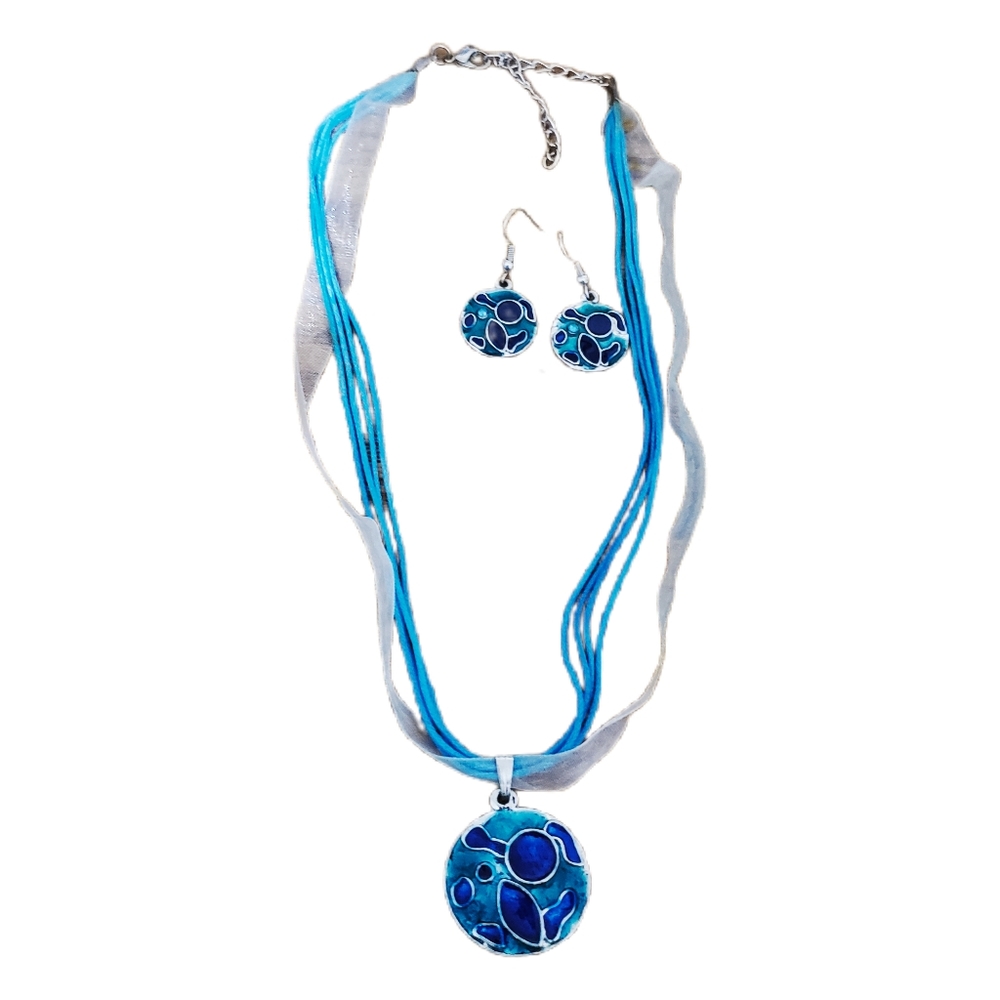 Fashion Jewelry Necklace Earrings Set Art Deco MCM Retro Turquoise Blue Silver